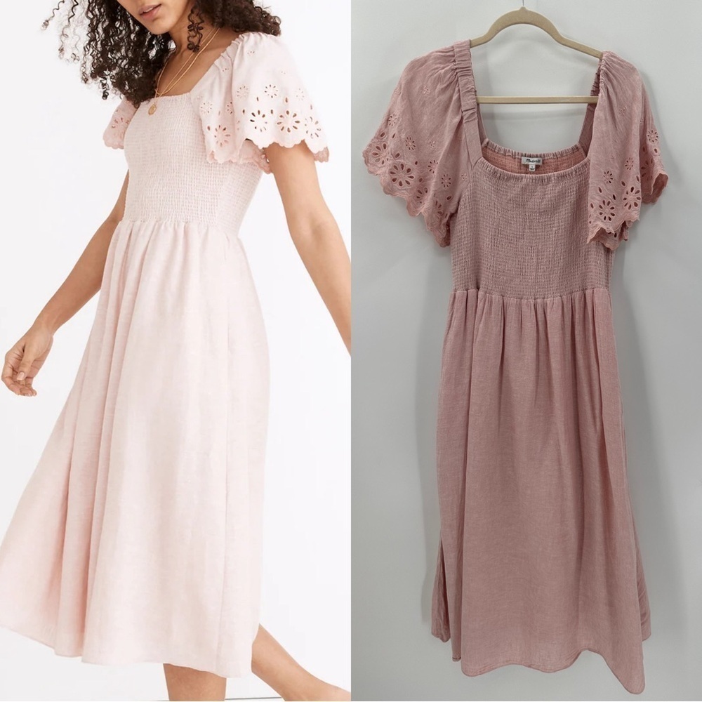 Madewell Linen Blend Eyelet-Sleeve Lucie Smocked Midi Dress  Size Large